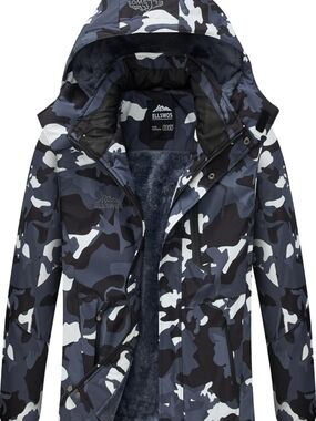 ELLSWOS Men's Blue Grey Camo Hooded Winter Coat